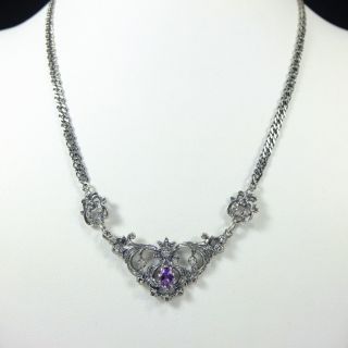 Stunning French Vintage Silver Amethyst & Real Diamond Necklace Victorian Style