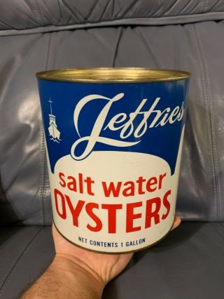 Vintage 1 Gallon Jeffries Salt Water Oysters Bivalve Jersey Tin Can With Lid