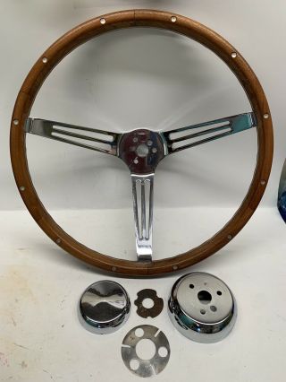 Vintage Rose Wood & Chrome Steering Wheel With Hardware - Old 15” Wooden Wheel