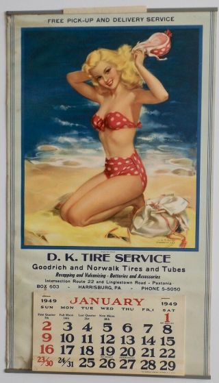 Vintage 1949 Jules Erbit Bikini Beach Pin - Up Calendar To Know Complete Pad