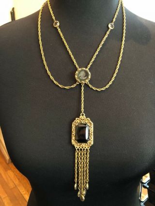 Vintage Festoon Ornate Cameo Intaglio Smokey Topaz Crystal Goldtone Necklace