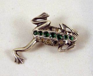 Antique Victorian Silver Frog Brooch With Rhinestones C1900