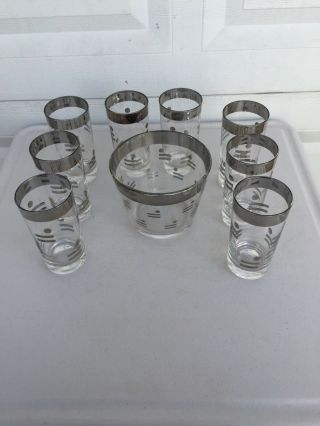 Vintage 8 Glass Ice Bucket And Glasses Set,  Silver Design Bar Line Dot Saloon
