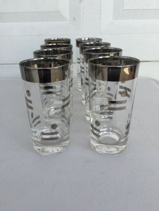 Vintage 8 Glass Ice Bucket and Glasses Set,  Silver Design Bar Line Dot Saloon 5