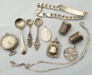 Scrap Solid Sterling Silver Thimble Bracelet Watch Fob Salt Spoon Vintage