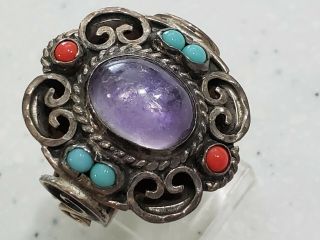 Vintage Sterling 925 Cabachon Amethyst Turquoise Coral Ornate Ring Mexico Wide