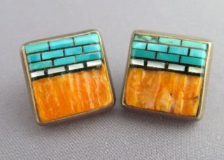 Vintage Old Pawn Sterling Inlay Square Brick Road Turquoise Pierced Earrings
