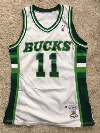 1988 - 89 Game Worn Nba Milwaukee Bucks Jersey Sand Knit Vintage Rickey Green