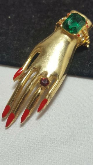 Vintage Gold Estate Rhinestone Female Hand Brooch Pin With Ring