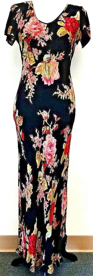 Vtg 90s Nostalgia Maxi Dress Sz L Black Pink Floral Boho Chic Wedding Bodycon