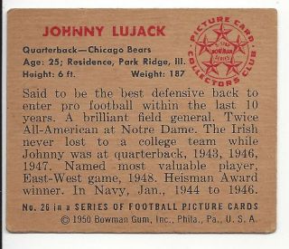 Vintage Johnny Lijack 1950 Bowman NFL Football Trading Card 26 2