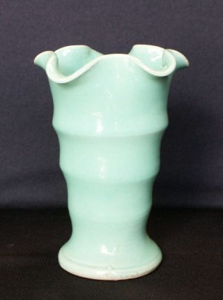 Vintage 6 " Bauer Pottery Ruffled Rim Matt Carlton Hand Thrown Jade Green Vase