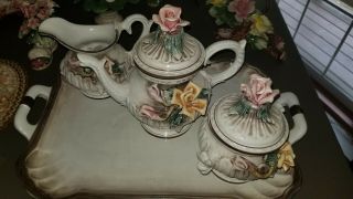 Vintage Italian Nuova Capodimonte Tray And 3 Floral Pots Set