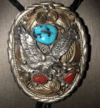 Vintage Signed Allen Chee Navajo Sterling Silver Turquoise Coral Bolo Tie