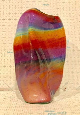 Vintage Bruce Freund Hand Blown Art Glass Multiple Color Swirl Vase 13 1/4” High