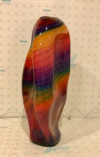 Vintage Bruce Freund Hand Blown Art Glass Multiple Color Swirl Vase 13 1/4” High 2