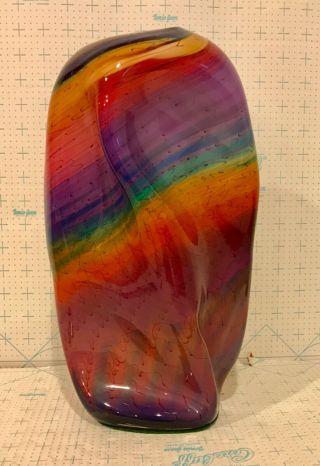 Vintage Bruce Freund Hand Blown Art Glass Multiple Color Swirl Vase 13 1/4” High 3