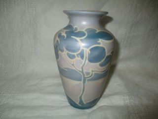 Vintage Fraunfelter Lessell Pottery Semi Iridescent Vase Blue Trees Landscape