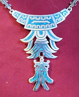 ANTIQUE c.  1940 - 50s AZTEC/MAYAN INDIAN STERLING SILVER TURQUOISE NECKLACE 3