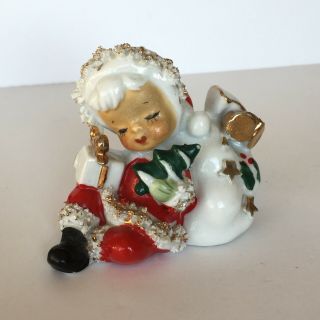Vtg Lefton Sleeping Christmas Pixie Elf Ceramic Figurine Spaghetti Trim Japan