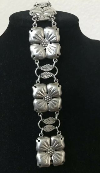 Vintage Taxco Mexico 925 Sterling Silver Hibiscus Flower Link Bracelet Ts - 01