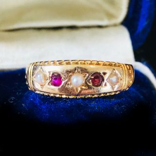 Exquisite Victorian 15ct,  15k 625 Gold Ruby & Pearl Ring Hallmarked Chester 1899