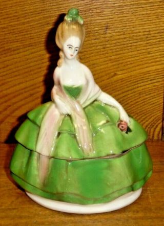 Vintage Figural Lady / Woman In Green Dress Ceramic Doll Dresser Jar - Germany