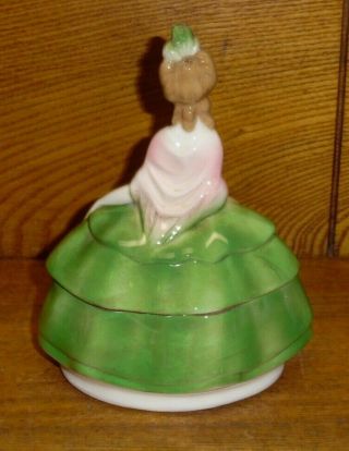 Vintage Figural Lady / Woman In Green Dress Ceramic Doll Dresser Jar - Germany 2
