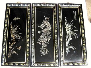 Estate 3 Vintage Oriental Black Laquer Mother Of Pearl Wood Hanging Wall Panels
