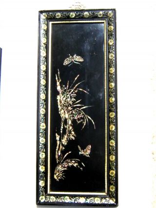Estate 3 Vintage Oriental Black Laquer Mother of Pearl Wood Hanging Wall Panels 2