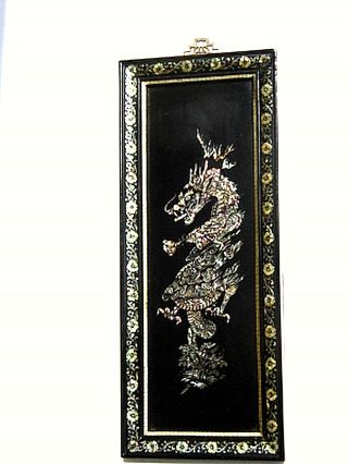 Estate 3 Vintage Oriental Black Laquer Mother of Pearl Wood Hanging Wall Panels 3