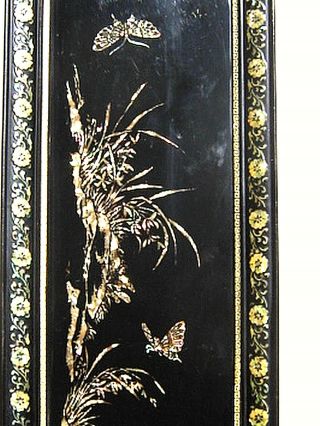 Estate 3 Vintage Oriental Black Laquer Mother of Pearl Wood Hanging Wall Panels 6