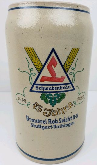 X Lg Vtg German Salt Glazed 3 L Liter Stein Schwabenbrau 75th Jubilee 1953