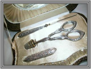 Antique French Silver C1890s - Four Piece Chased Silver Sewing Set Nr
