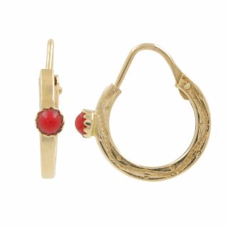 Ladies Estate 18k Yellow Gold Red Coral Cabochon Gemstone Hoop Earrings - 0.  75 "