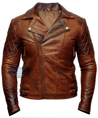 Mens Biker Vintage Motorcycle Racer Brown Distressed Leather Jacket