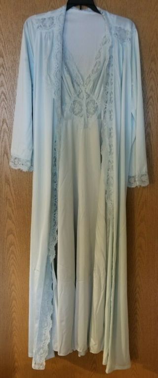 Vtg Olga Sweeping Peignoir Set Long Nightgown Robe Sky Blue Lace Large 94007 L