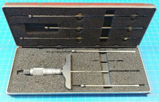 Vintage Starrett No.  445 0 - 6 " Depth Gage W/ Case,  Wrench,  & 6 Rods Complete