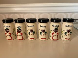 Vintage Black Americana Chef And Cook Spice Shaker Set Of Six With Rack