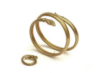 1930s Antique Art Deco Egyptian Revival Coiled Snake Rolled Gold Bracelet,  Ring