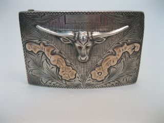 Vintage Mexican Sterling Silver & Gold Longhorn Belt Buckle W Ruby Eyes