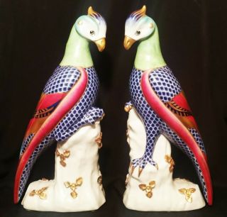 2 Cockatoo Vtg Italian Art Porcelain Exotic Bird Statue Gold Painting Sculpture
