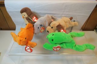 5 Vintage Beanie Babies - 3rd Gen Hang Tags - Bones,  Tank,  Legs,  Hoot & Goldie