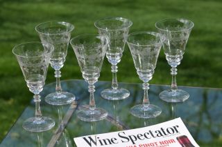 Vintage Needle Etched Wine Glasses,  Set of 6,  Bryce,  Charlene,  circa 1930 ' s 4