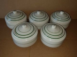 5 Vintage Buffalo China Restaurant Ware White/green Stripe Sugar Bowl & Cover