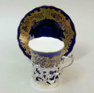 Antique Coalport Porcelain & Silver Cabinet Cup & Saucer London 1912