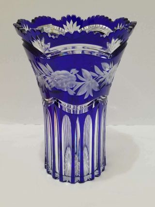 Vintage Lausitzer Cobalt Blue Lead Crystal Art Cut Glass Roses Vase