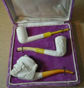 Set Of 3 Vintage Hayim Pinhas Meerschaum Pipes In Case W/papers Nos
