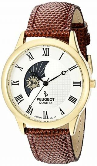 Peugeot Mens 14k Gold Plated Decorative Sun Moon Phase Roman Numeral Brown