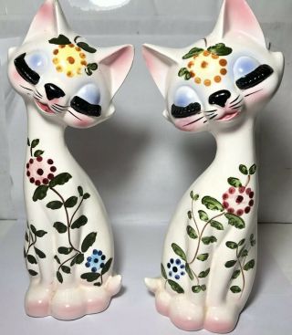 Vintage Two Tall Cats Hand Painted Ceramic Tilso Figurine Japan Floral 60/113